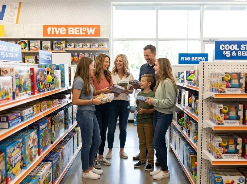 Family and teens happily shopping for affordable toys and games at Five Below