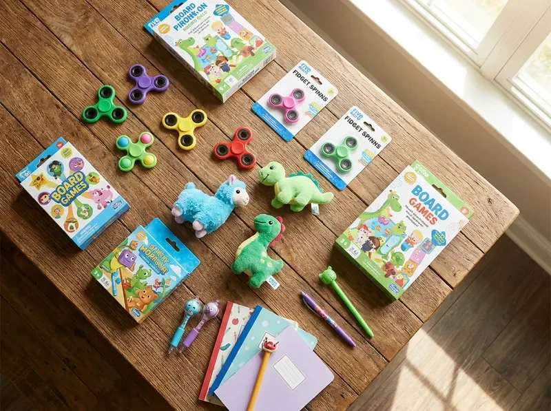 Colorful assortment of trending toys and games on a warm wooden surface