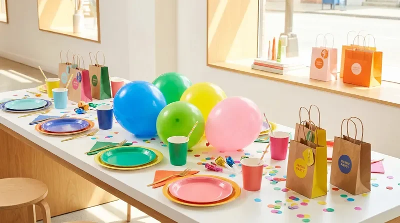 Party-prep table with colorful balloons, confetti, and gift bags